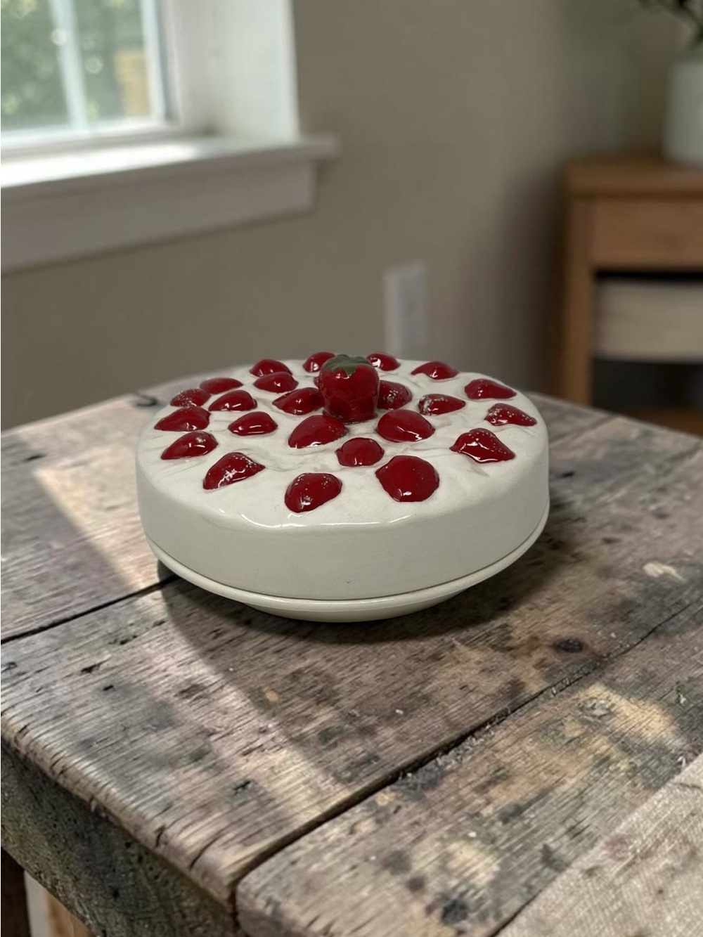 Ceramic Strawberry-Topped Trinket Box - White with Red Accents